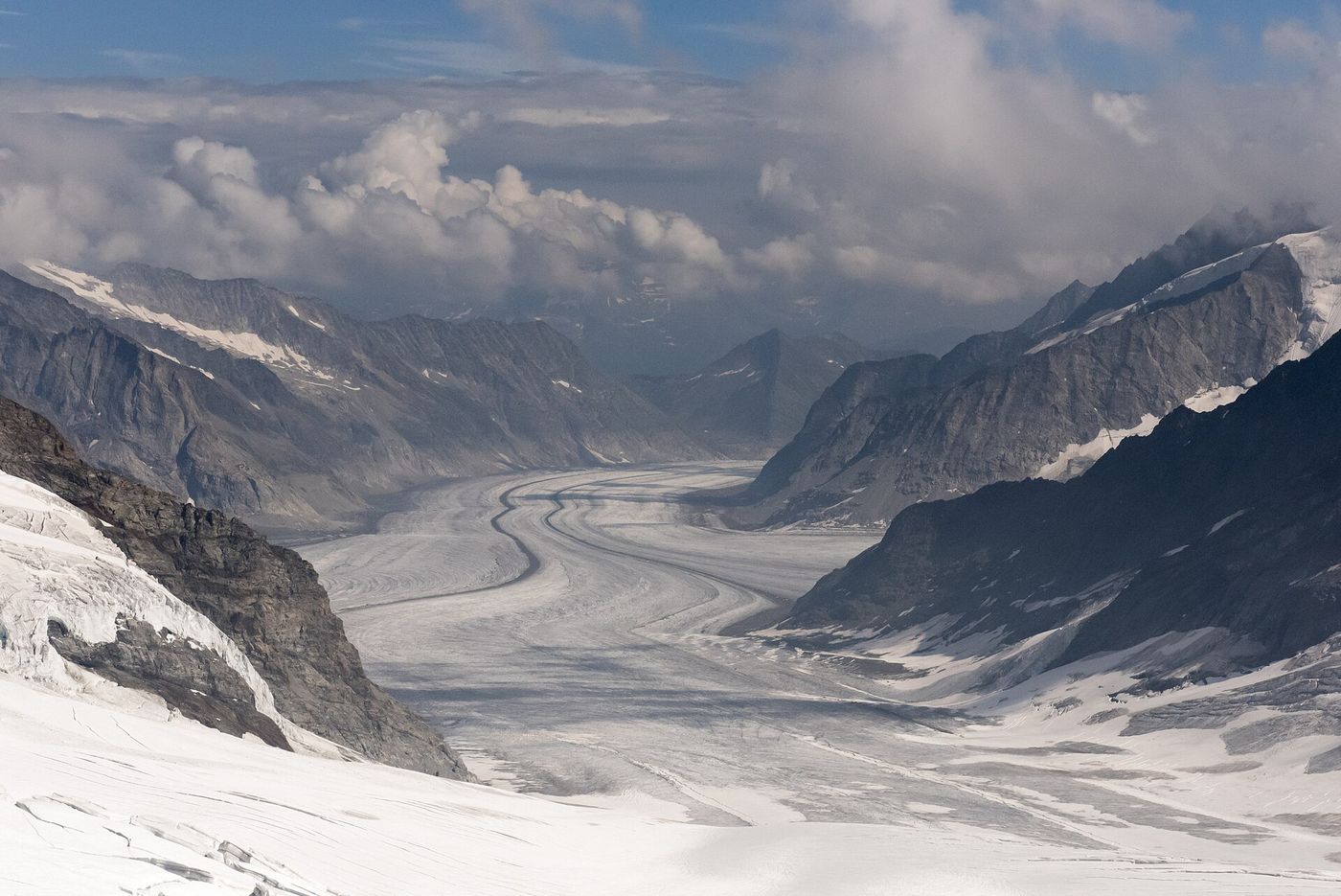 The Aletsch Glacier, the largest in the Alps, seen from above the Jungfraufirn.