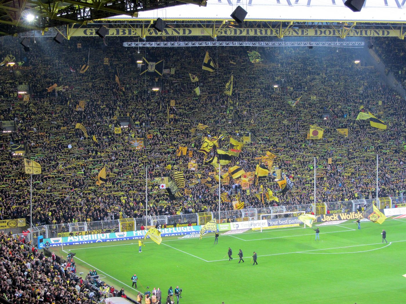 Supporters on the south terrace of Dortmund's stadium before a Bundesliga match.