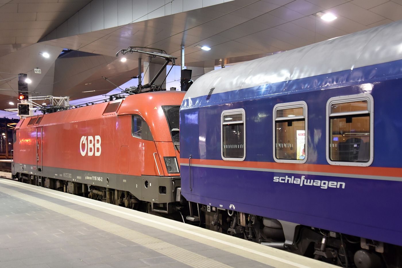 A sleeper train at the platform before an overnight departure.